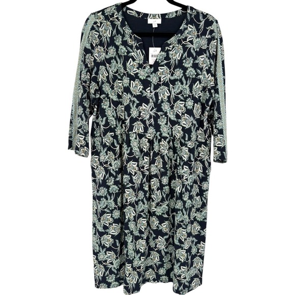 J. Jill Dresses & Skirts - NWT J.Jill Navy Blue Floral Paisley Split Neck 3/4 Sleeve Knit Dress Size Medium